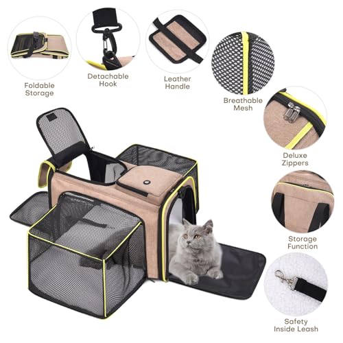 Pet Carrier, Large Soft Sided Expandable Travel Carrier with Steel Frame, Anti-Scratch Mesh, Removable Fleece Pad and Pockets for Cats, Dogs and Small Animals up to 15 lbs (Brown, 4 Sides Expandable)
