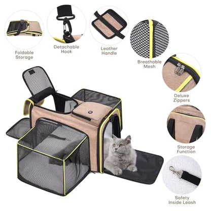 Pet Carrier, Large Soft Sided Expandable Travel Carrier with Steel Frame, Anti-Scratch Mesh, Removable Fleece Pad and Pockets for Cats, Dogs and Small Animals up to 15 lbs (Brown, 4 Sides Expandable)