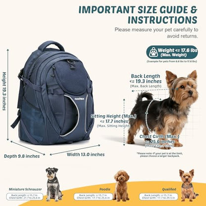 Dog Backpack Carrier for Hiking, Pet Travel Bag up to 18 lbs, 2-in-1 Foldable Cat Backpack with Laptop Compartment, Reinforced Ventilated 600D Nylon Rucksack for Walking Camping Commuting - color: Navy Blue