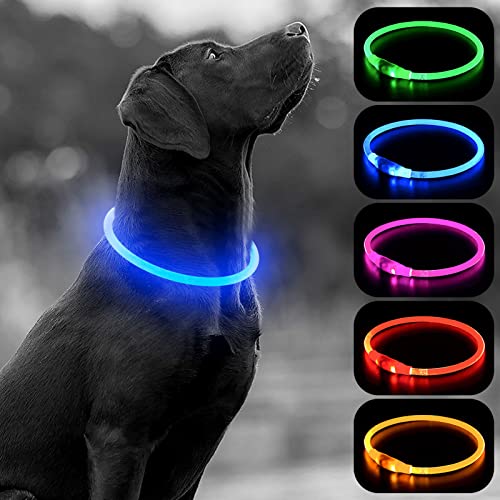 HIGO LED Dog Collar, USB Rechargeable Light Up Dog Collars Glow in the Dark, TPU Cuttable Pet Safety Dog Necklace for Nighttime Dog Walking (Blue) - color: Blue