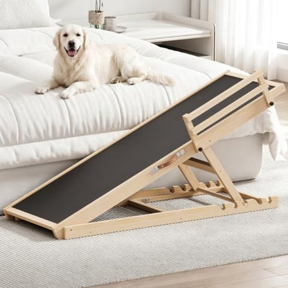 Dog Ramp for High Bed Couch, 55" Long Pet Steps for Any Sizes Dogs | 5 Heights 19.5"-27.4", Holds 250lbs, Foldable, 2 Safety Side Rails, For Older/Injured Pets, Solid Wood, Anti-slip Yoga Mat - size: 55"L x 18.3"W x 3"H