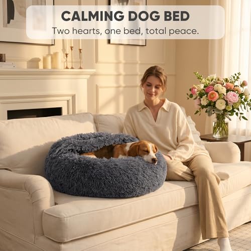 Himax Medium Dog Bed, Round Dogs Beds with Blanket Attached, Comfort Fluffy Calming Dog Bed Washable (20"/26"/35") Deep Grey - color: Grey, size: 26.0"L x 26.0"W x 9.0"Th