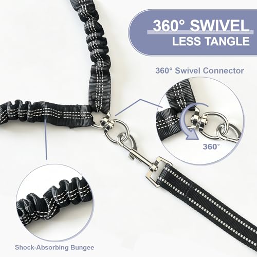 Double Dog Leash for Two Dogs, Complete Set with 31.5" Main Leash + Adjustable Splitter, Padded Handle, D-Ring, 360° Swivel, Shock-Absorbing Bungee, Reflective for Small Medium Large Dogs (Black) - color: Black