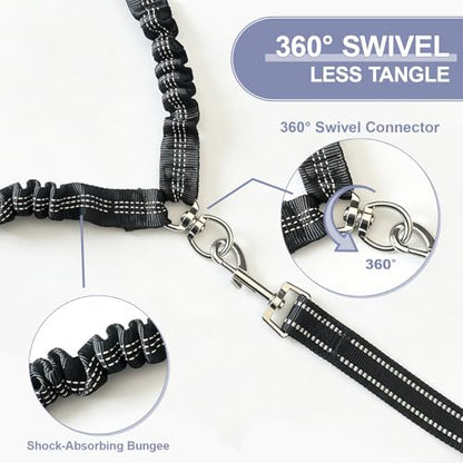 Double Dog Leash for Two Dogs, Complete Set with 31.5" Main Leash + Adjustable Splitter, Padded Handle, D-Ring, 360° Swivel, Shock-Absorbing Bungee, Reflective for Small Medium Large Dogs (Black) - color: Black