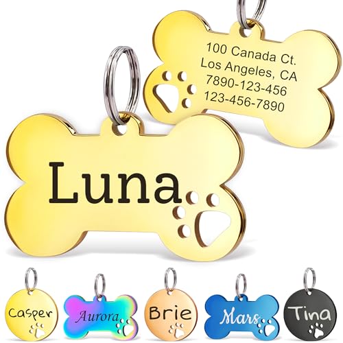 Anavia Paw Print Pet ID Tags, S/M/L Personalized Color Plated Stainless Steel Cat Dog Tags, Customized Engraved Glossy Dog Name Tag Pet Collar Tag (Gold, Bone-Small) - color: Gold, size: Bone-Small