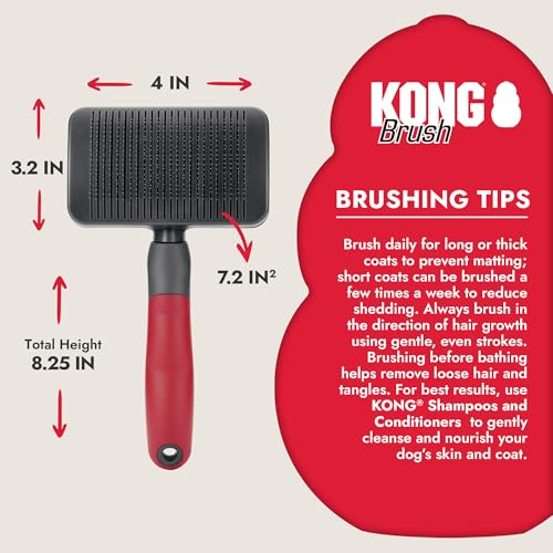 KONG Large Self-Cleaning Slicker Brush – Easy Hair Removal, Reduces Shedding, Non-Slip Grip, Long Metal Pins, for Medium to Large Dogs with Medium to Long Coats, Red/Gray - size: Large Self-Cleaning Slicker