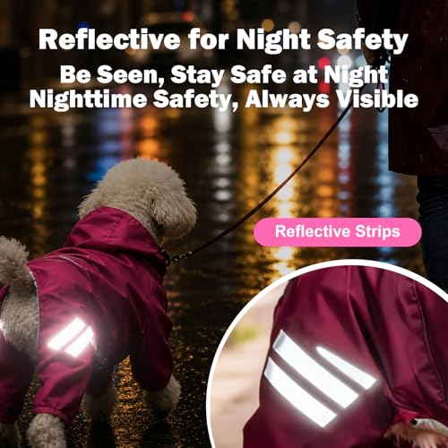 Dog Raincoat Waterproof Windproof Full Body Pet Jacket, Adjustable Reflective Puppy Rain Suit with Leash Hole, Lightweight Foldable Dog Coat for Small Medium Dogs(Pink, M) - size: M(Length 12'')