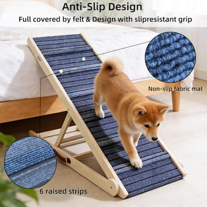 ZJSF Foldable Dog Ramp for High Bed, Wooden Dog Stairs to Bed for Small and Large Dogs, High Traction Platform with 6 Adjustable Heights (13.5"-30"), 48" L, Supports up to 230 lbs - size: 48"L X 17.4"W