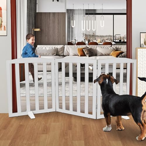 Freestanding Dog Gate Indoor,Doggie Gate Foldable Pet Gates for Doorways,Stairs or Hallways, Wooden Grey Pet Gate for the House, Pet Fence with Support Feet Included,24 "Height-3 Panels - color: Gray, size: 【3 Panels】60‘’w x 24''h