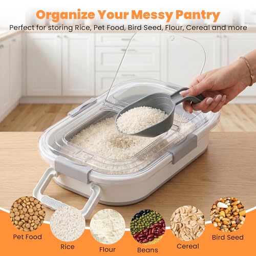 30 Lbs Rice Storage Container with Wheels, Collapsible Airtight Food Storage Container with Transparent Lid, Measuring Cup, Scoop, Handle, BPA Free Rice Holder for Pet Food, Grain, and Bird Seed - color: Clear/30lbs