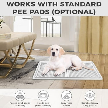 Dog Pee Pad Holder with Raised Mesh Grate – Expandable Indoor Puppy Potty Tray, Heavy Duty Plastic, Keeps Paws Dry, Fits Standard 24x15 Pads – Alpha Dog Series