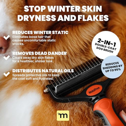 MalsiPree Dog Brush - Large, Orange - 2-in-1 Deshedding Tool & Undercoat Rake, Dog Undercoat Brush - Gentle Dematting Comb & Pet Hair Removal Tool - Smooth-Edge Design & Grooming Comb - color: Orange