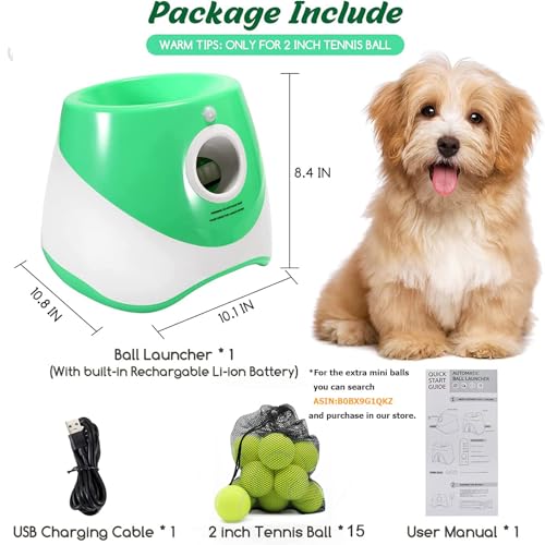 SOCO Automatic Ball Launcher for Dogs, 15 2-Inch Balls, Green | USB Rechargeable, 10/20/30 ft Throws, Indoor/Outdoor Fetch Toy, Mesh Bag, Small & Medium Dogs - color: Green-15 balls