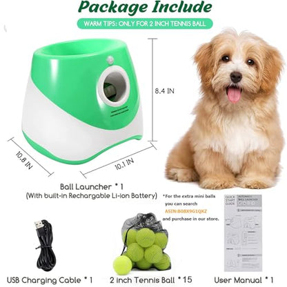 SOCO Automatic Ball Launcher for Dogs, 15 2-Inch Balls, Green | USB Rechargeable, 10/20/30 ft Throws, Indoor/Outdoor Fetch Toy, Mesh Bag, Small & Medium Dogs - color: Green-15 balls