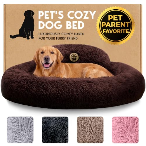 PetJett Dog Beds Large Sized Dog - 36'' Calming Round Bed, Anti-Slip & Washable Super Soft Donut Bed, Fluffy Faux Fur Anti-Anxiety Premium Comfort Pet Bed, Fits Dogs up to 80 lbs - Brown - color: Brown, size: Large - 36”L x 36”W x 8”Th