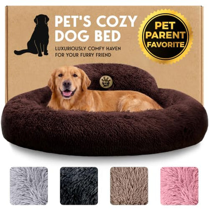 PetJett Dog Beds Large Sized Dog - 36'' Calming Round Bed, Anti-Slip & Washable Super Soft Donut Bed, Fluffy Faux Fur Anti-Anxiety Premium Comfort Pet Bed, Fits Dogs up to 80 lbs - Brown - color: Brown, size: Large - 36”L x 36”W x 8”Th