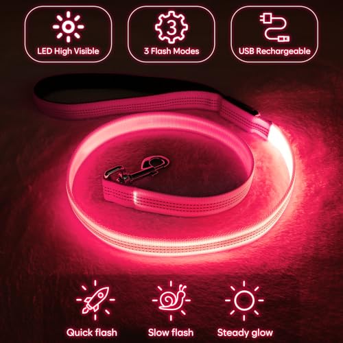 Colaseeme LED Light Up Dog Leash, USB Rechargeable (4FT,Pink) | Glow in dark, reflective, USB-C rechargeable, bright LED for night safety, fits small to large dogs - color: Pink, size: 4FT