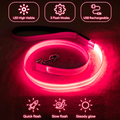 Colaseeme LED Light Up Dog Leash, USB Rechargeable (4FT,Pink) | Glow in dark, reflective, USB-C rechargeable, bright LED for night safety, fits small to large dogs - color: Pink, size: 4FT