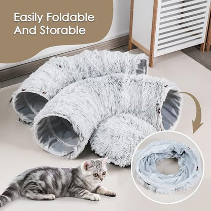 Cat Tunnel Bed for Indoor Cats, Peekaboo Cat Cave with Washable Soft Play Mat, Furry Cat Tube, for Kitten/Puppy/Rabbit, Grey - color: Grey