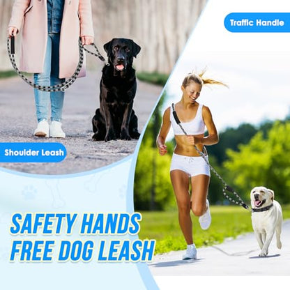 Lukovee Hands Free Dog Leash, 10FT Adjustable Training Lead 1/2 Inch Nylon Heavy Duty Lead No Pull for Large Medium Dogs, Tangle Free Reflective Waist-Leash for Walking Running(Xie-Black, plus Handle) - color: Black Diagonal Stripe
