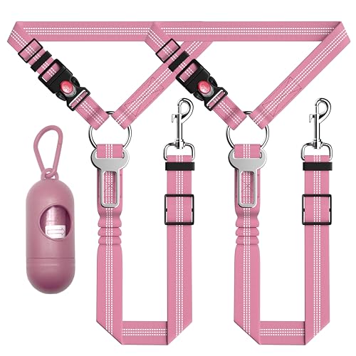 Seyezo 3-Piece Dog Car Harness Set - Retractable, Adjustable, Reflective Dog Seatbelt for Vehicle Headrests - Heavy Duty & High Elastic, Pink - color: 03-2PCS Pink