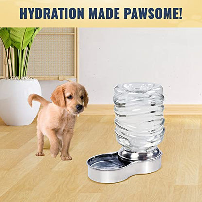 Dog Water Bowl Dispenser - Automatic Slow Refilling System Keeps Stainless Steel Drinking Dish Filled - Refillable 3 Liter Bottle, Non-Skid Feet - Clean, Safe, & Fresh Drink for Pet Dogs