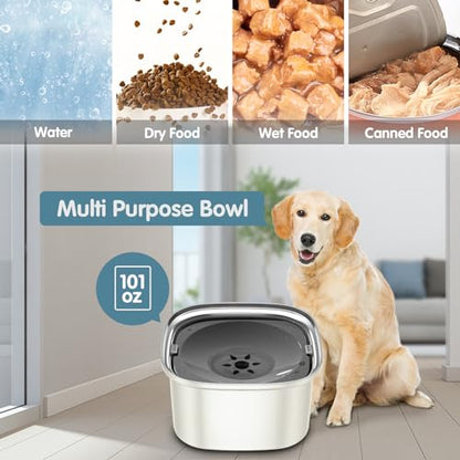 UPSKY 3L Dog Water Bowl 101oz Stainless Steel No Spill Large Capacity Dog Food Water Bowl Slow Water Feeder, Spill Proof Pet Water Dispenser Vehicle Carried Travel Water Bowls - color: J-Beige