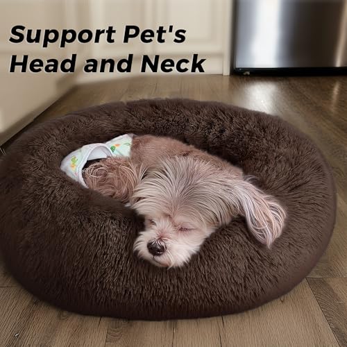 Calming Round Dog Bed & Cat Bed with Anti-Slip Bottom, Medium Size Washable Anti-Anxiety Donut Dog Beds for Small Dogs & Cats, Fluffy Plush Soft Dog Bed(24 Inch, Dark Brown) - color: Dark Brown, size: 24"l x 24"w x 8"th