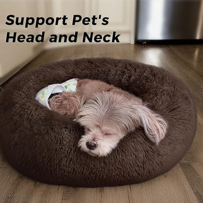 Calming Round Dog Bed & Cat Bed with Anti-Slip Bottom, Medium Size Washable Anti-Anxiety Donut Dog Beds for Small Dogs & Cats, Fluffy Plush Soft Dog Bed(24 Inch, Dark Brown) - color: Dark Brown, size: 24"l x 24"w x 8"th
