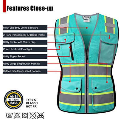 High Visibility Reflection Peacock Mesh Safety Vests with 8 Pockets and Front Zipper, hi vis safety vest for Women, Meets ANSI/ISEA Standards(Peacock-16,L) - color: Peacock, size: Large