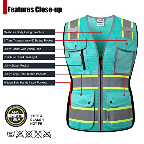 High Visibility Reflection Peacock Mesh Safety Vests with 9 Pockets and Front Zipper, hi vis safety vest for Women, Meets ANSI/ISEA Standards(Peacock-16,XL) - color: Peacock, size: X-Large