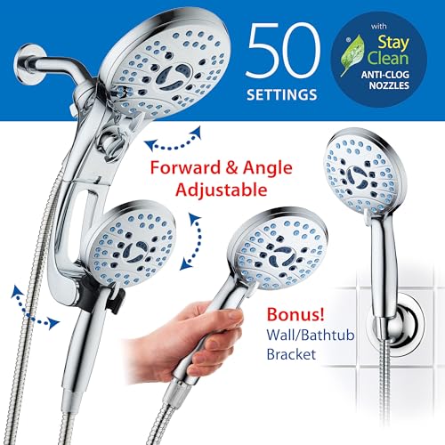 Hotel Spa AquaCare for California As-Seen-On-TV High Pressure Handheld Rain 50-mode 3-way Shower Head Combo with Adjustable Arm, Anti-clog Jets, Tub & Pet Power Wash, 6 ft. Stainless Steel Hose - color: All-Chrome, style: 1.8 Gallons Per Minute