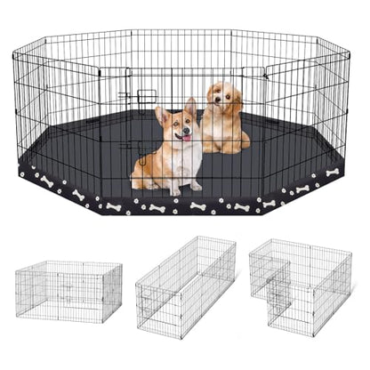 Dog Pen Pet Playpen Dog Fence Indoor Foldable Metal Wire Exercise Puppy Play Yard Pet Enclosure Indoor Outdoor 8 Panels 24 Inch with Bottom Pad (Bottom Cover Fence with Printing) - style: Playpen + printing pad