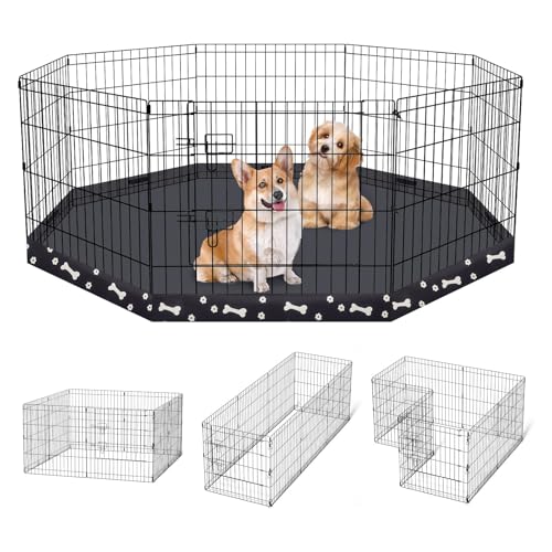 Dog Pen Pet Playpen Dog Fence Indoor Foldable Metal Wire Exercise Puppy Play Yard Pet Enclosure Indoor Outdoor 8 Panels 24 Inch with Bottom Pad (Bottom Cover Fence with Printing) - style: Playpen + printing pad