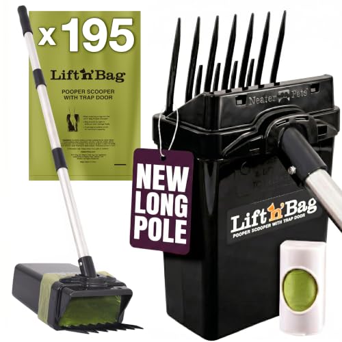 Neater Pet Brands Lift N’ Bag 2.0 Dog Pooper Scooper with Bag Attachment & 31" Pole for Small to Large Dogs, New Longer Pole, 195 Refill Bags, Heavy Duty Dog Poop Scooper for Yard, One-Hand Use - color: Black Scoop w/ Black Bin, size: 195 Bags
