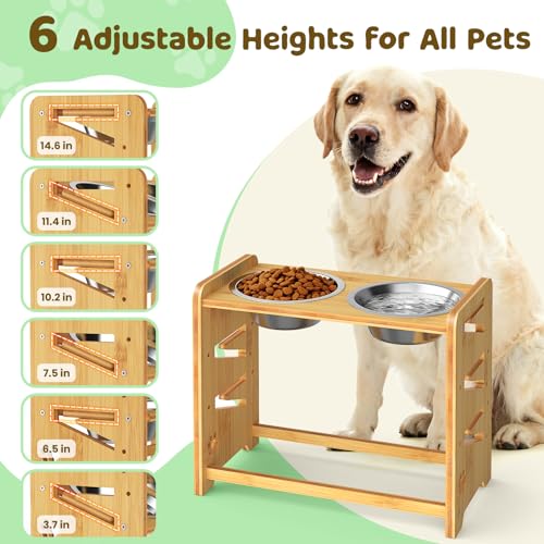 Elevated Dog Bowls, Adjustable Raised Dog Bowl Stand for Large and Medium Pet, 15" High Bamboo Pet Food Feeder with 2 Stainless Steel Dishes（6 Heights） - size: Large sized dogs