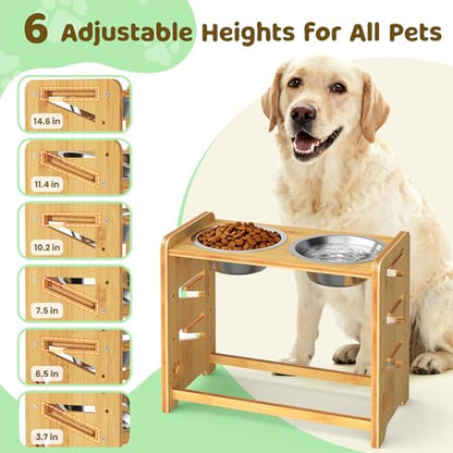 Elevated Dog Bowls, Adjustable Raised Dog Bowl Stand for Large and Medium Pet, 15" High Bamboo Pet Food Feeder with 2 Stainless Steel Dishes（6 Heights） - size: Large sized dogs