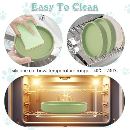 Silicone Cat Food Bowls Shallow Cat Dishes 5.9in Wide Pet Plates Set of 2 Small Flat Dog Saucer Bowl Cute Whisker Fatigue Kitten Feeding Dish for Dry & Wet Food (Round Bean Green) - color: Bean Green, size: M: 5.9 inches - without Suction Cup