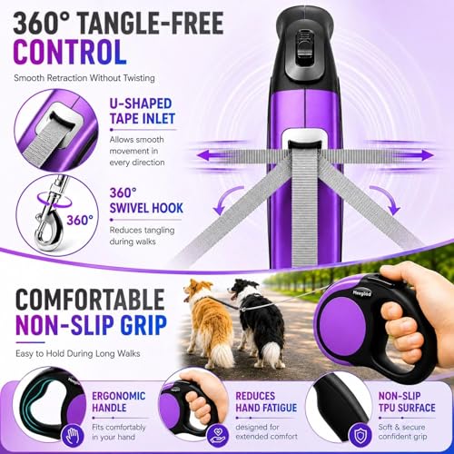 Double Retractable Dog Leash for Two Dogs Up to 50 lbs - 16 ft Coupler Leashes for Small Medium Dogs - One Locked System, Non Slip Grip, Tangle Free (Purple) - color: Purple