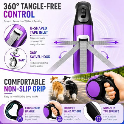 Double Retractable Dog Leash for Two Dogs Up to 50 lbs - 16 ft Coupler Leashes for Small Medium Dogs - One Locked System, Non Slip Grip, Tangle Free (Purple) - color: Purple