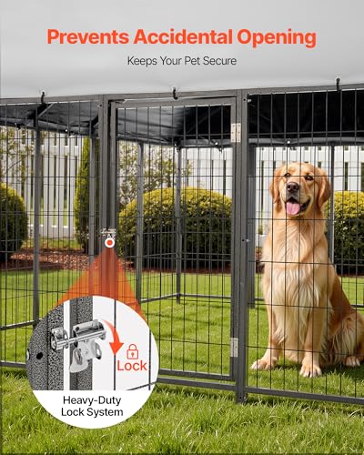 VEVOR Outdoor Dog Kennel, 9.8 x 9.8 x 5.4 ft Large Dog Kennel with Secure Lock, Outside Dogs Enclosures with UV-Resistant & Waterproof Roof Cover, Heavy Duty Pet Crate Cage Run for Large Dogs - size: 118.1"L x 118.1"W x 65.0"H