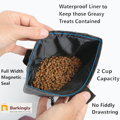 Barkingly. Dog Treat Pouch for Pet Training with Clicker. No Spill Magnetic Closure, 4 Ways to Wear, Detachable Waist Belt and Clip, Durable, One Handed Training, Waterproof Body. Treat Bag Pouches.