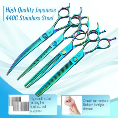 Dog Grooming Scissors: 7" Straight Pet Shears Skeletonized blade Made Of Japanese 440C for Trimming Dogs Cats and Other Pets Green