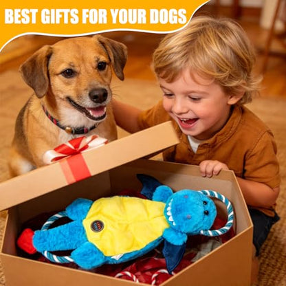 Interactive Squeaky Dog Chew Toy, Tough Plush Dog Toys for Chewers, Small, Medium & Large Dogs, Plush with Double Rope Handles for Tug of War, Mess-Free, Blue - color: Blue