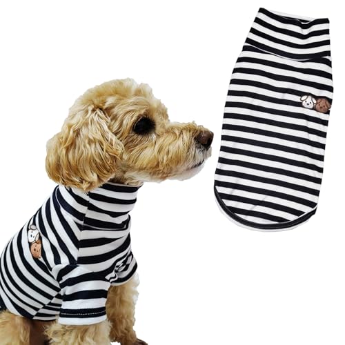 Turtleneck Dog Shirt Cute Doggie Embroidery Super Soft Dog Sweatshirt Stretchy Striped Puppy Pullover for Cats Small Medium Large Dogs (Black Striped, Small) - color: Black Striped, size: Small