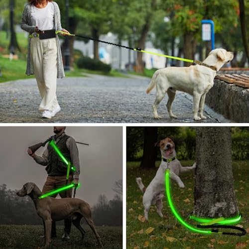 LED Hands Free Dog Leash, Waist Leash for Dog Walking, Retractable Bungee Light Up Dog Leash, LED Handless Dog Running Leash, Reflective Running Leash for Jogging Training Hiking (Green) - color: Green