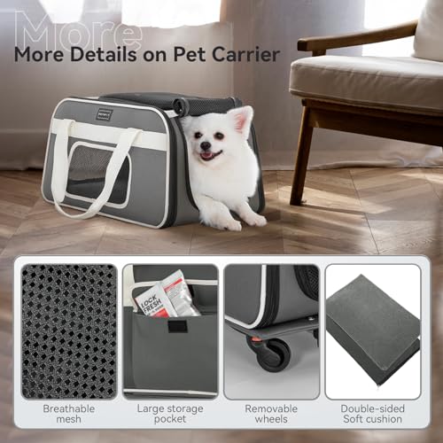 PETSFIT Airline Approved Cat Carrier with Wheels Designed for Small Dogs/Cats with Adjustable Safety Rope & Removable Wheels - color: Gray, size: 20.1"L x 12.2"W x 14.2"H