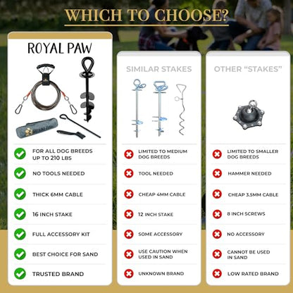 ROYAL PAW Dog Tie Out Cable and Stake 30ft - for Large Dogs up to 300 lbs - Heavy Duty Tether and Dog Stake for Yard, Beach & Camping Outside (Black, L/XL - 30ft) - size: L/XL - 30ft