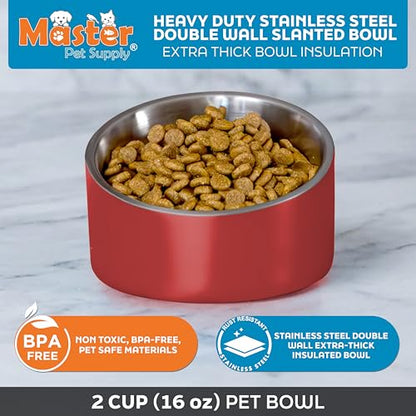 Master Pet Supply Stainless Steel Slanted Dog Cat Food Bowl - 16 oz Heavy Duty - Crimson Flame, Double Wall Insulated, Non-Slip Elevated Bowl for French Bulldogs Pugs Cats, Anti Rust Dishwasher Safe - color: Crimson Flame, size: 2 Cups (16 oz)