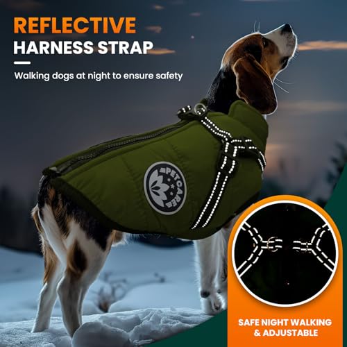 PETCARE Winter Dog Coat with Harness Built in Waterproof Dog Jackets Warm Pet Fleece Vest Windproof Snow Jacket Snowsuit Reflective Dogs Cold Weather Coats for Puppy Small Medium Large Dogs Cats - color: Green, size: 2XL(Chest 19.7" Suggest 16-22 lbs)